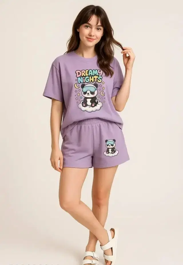 Cotton Blend Printed Top & Bottom Set for Women, Purple (XS)