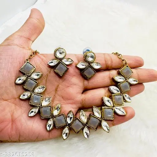Premium Quality Kundan Chokar Necklace Set for Women & Girls, Grey