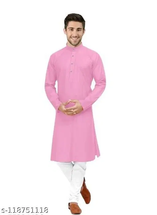 Mandarin Neck Kurta for Men (Pink, S)