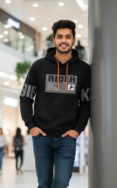 Fleece Printed Hoodie for Men, Black (M)