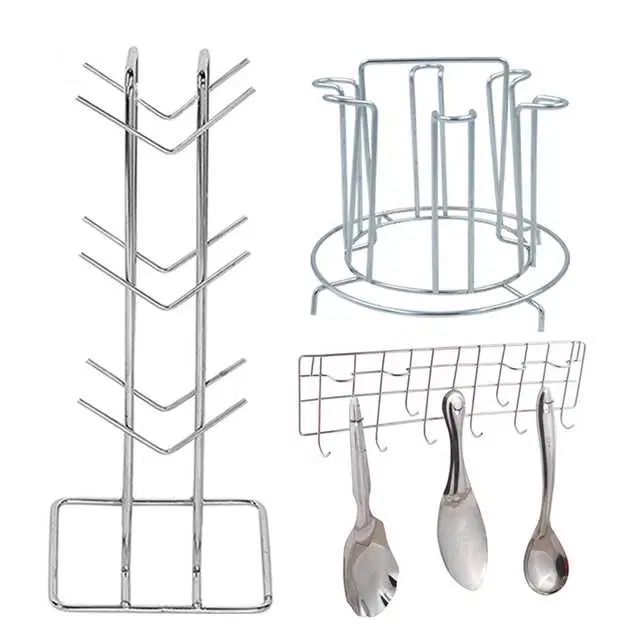 Stainless Steel Cup Stand Cup Holder & Glass Stand & Hook Rail For Kitchen, Set of 3, OC-015