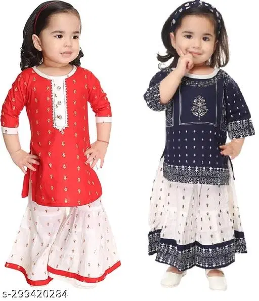 Rayon Kurta Set for Girls, Pack of 2 (Multicolor, 0-3 Months)