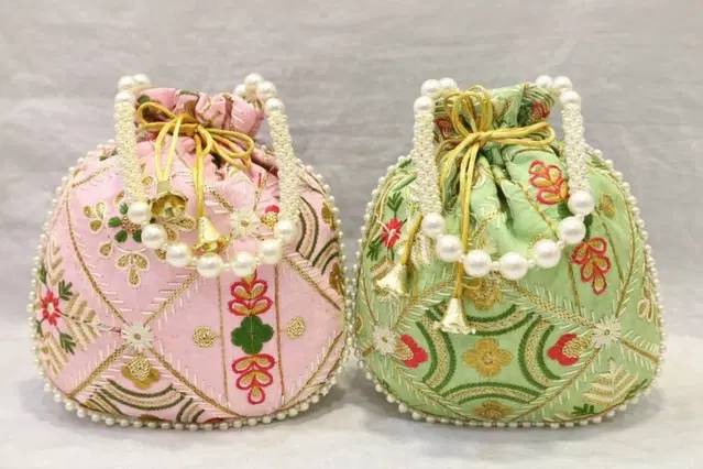 Handcrafted Embroidered Silk Potli Bag, Multicolour, Pack of 2