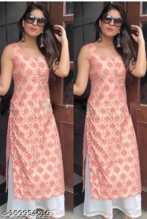 Rayon Printed Kurta with Palazzo for Women, Peach & White (XL)