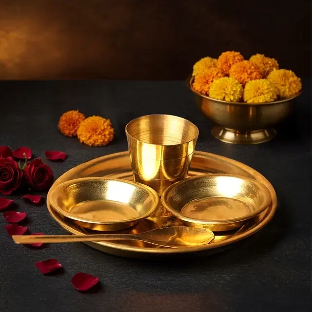 Cycle Pure Brass Puja Bhog Thali Set (1 Thali, 1 Glass, 1 Spoon, 2 Katori)