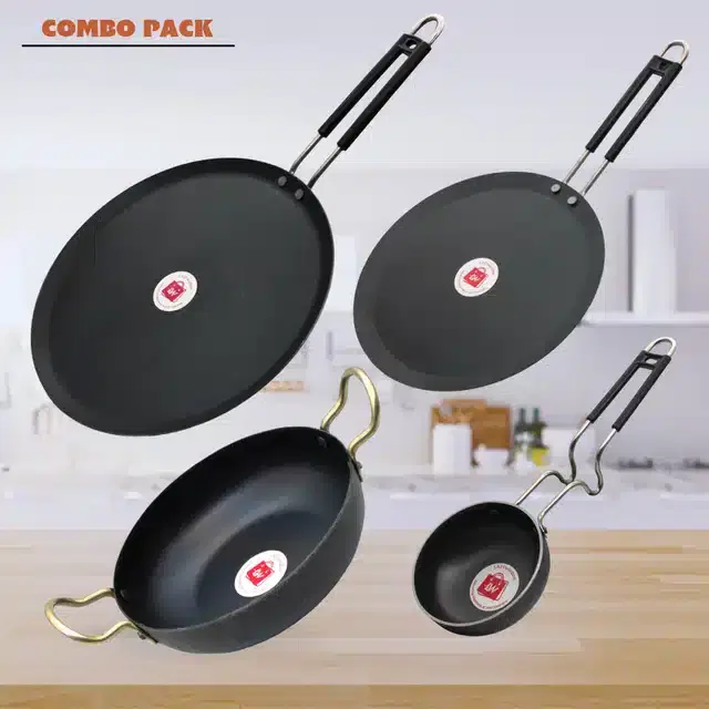 Frying Pan & Tawa Set, Pack of 4, Black, 1000 ml