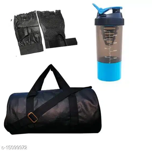Combo of Gym Bag with Shaker Bottle, 400 ml, Gloves, Multicolor, Set of 3