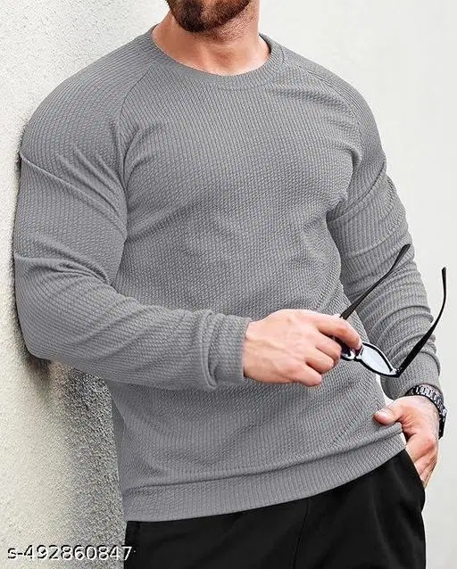 Poly Cotton Round Neck T-shirt For Men, Grey (L)