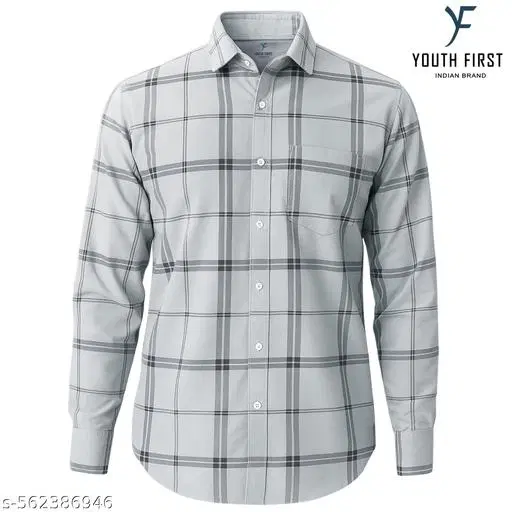 Cotton Blend Checked Shirts for Men, Grey (XL)