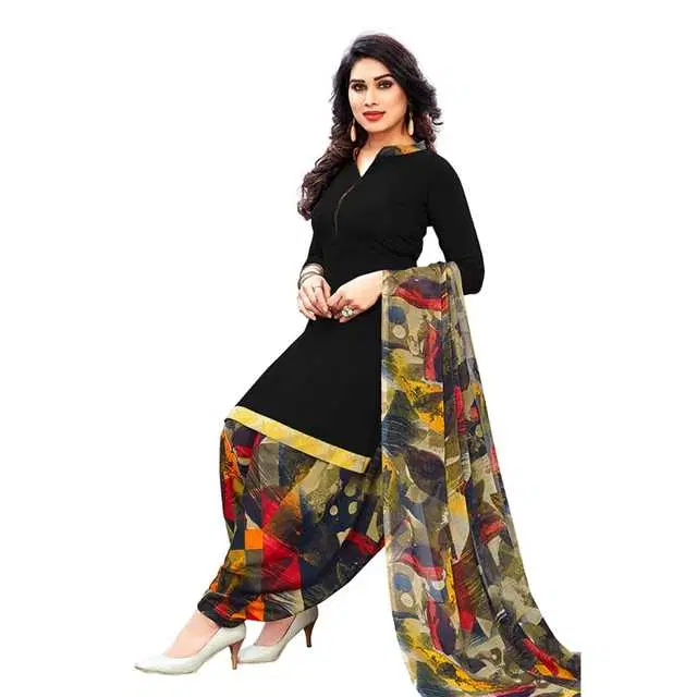 Sharda Stunnding Leon Crepe Women Printed Unstitched Casual Dress Material Suit (Black) (SC-15)