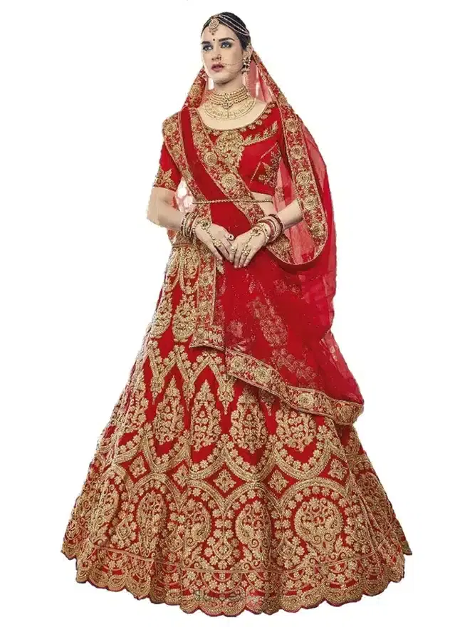 Silk Embroidered Lehenga Choli for Women (Red, Free Size)