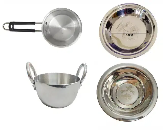 Aluminium Kadhai with Saucepan & Stainless Steel Basin & Parat, Silver, Set of 4