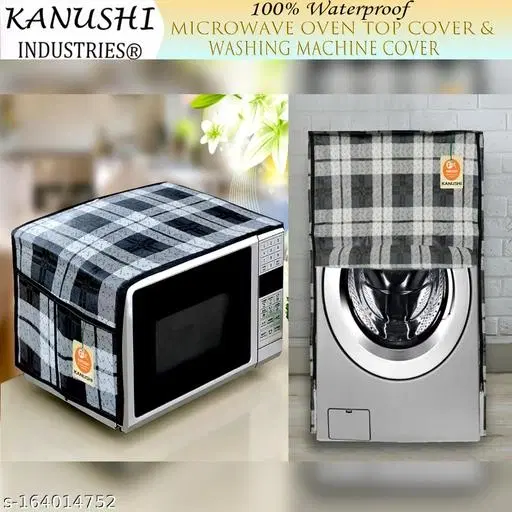 KANUSHI Industries® Microwave / Oven Top Cover With 4 Utility Pockets + 1 Pc Front Load Automatic Washing Machine Cover(Color :BLACK & WHITE)(MICRO+WASMAC-FRONT-NW-NEW-01)