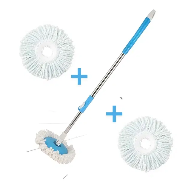 Stainless Steel Spin Mop Rod Set with 2 Pcs Refill, Blue & White, Set of 2