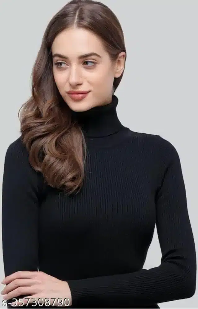 Wool Blend High Neck Sweater for Women (Black, M)