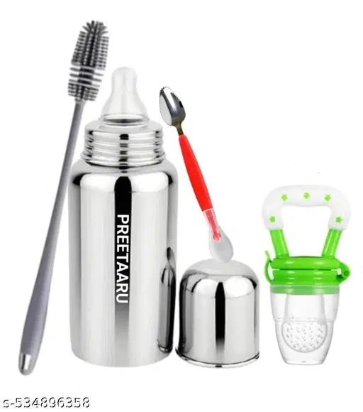 Steel Feeding Bottle 250 Ml, Soft Silicone Fruit Nibbler 10 Ml, Bottle Cleaning Brush With Cutter Spoon Pack Of 4