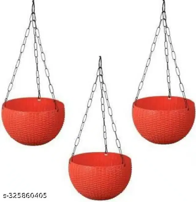 Hanging Flower Pots with Metal Chain, Red, Pack of 3