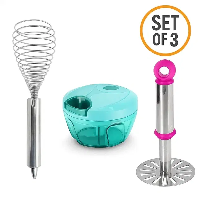 3 pc Kitchen Tool Set (Egg Beater, Manual Chopper 500ml, Potato Masher)