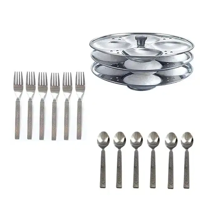 Stainless Steel 6 Steel Chammach,6 Steel fork & Idli Making Stand of 3 Plates, Combo of 3