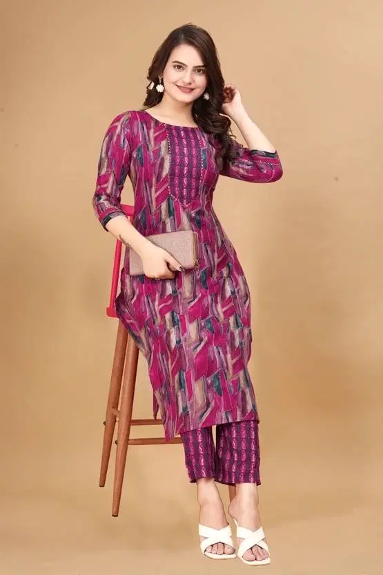 Cotton Printed Women's Kurta with Pant Set, Pink (XXL)
