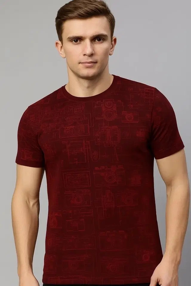 Round Neck Printed T-Shirt for Men, Maroon (XXL)