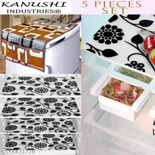 KANUSHI Industries® 1Pc Fridge Cover for Top with 6 Utility Pockets + 4 Fridge Mats (FRI-Brown-Box+M-3-04)…