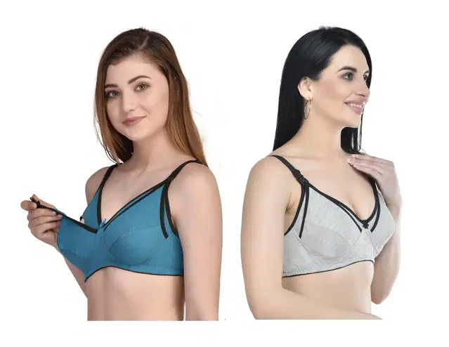 Cotton Blend Solid Non Padded Feeding Bras for Women, Pack of 2 (Multicolor, 3XL)