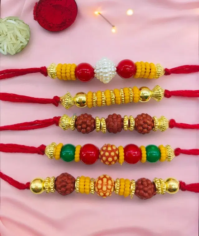 Handmade Designer Rakhi with Roli Chawal, Multicolor, Pack of 5