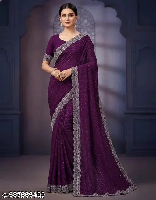 Chiffon Embellished Saree For Women, Purple