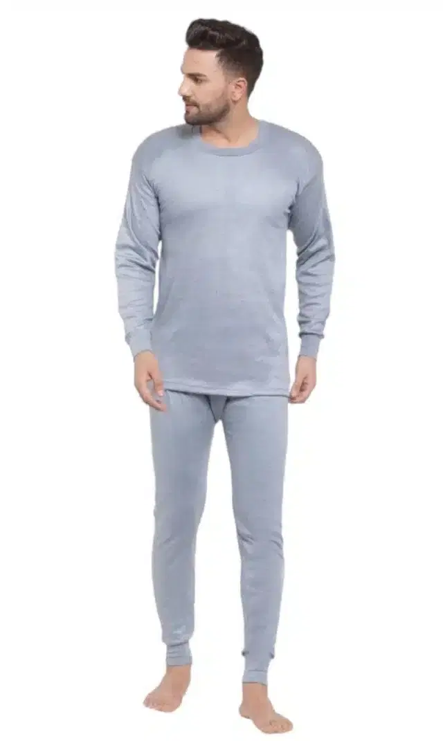 Cotton Blend Solid Thermal Set for Men (Light Blue, M)