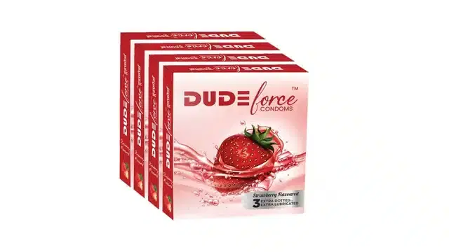 Dude Force 3 Pcs Strawberry Flavoured Condoms for Men, Set of 4