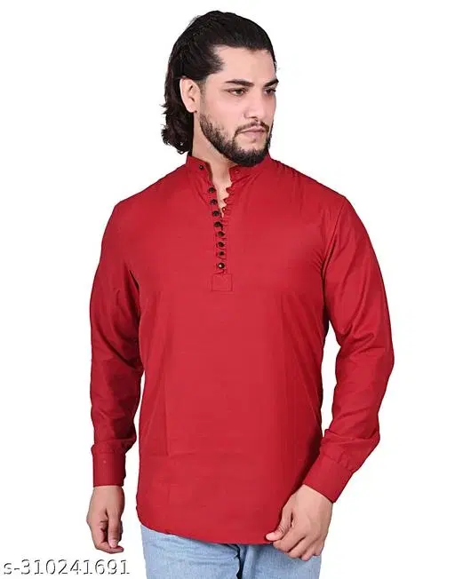 Cotton Blend Solid Short Kurta for Men, Maroon (M)