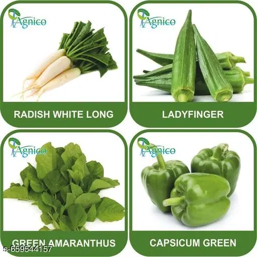4 Vegetable Seeds Combo With Instruction Manual(Radish White Long/Lady Finger/Green Amaranthus/Capsicum Green)