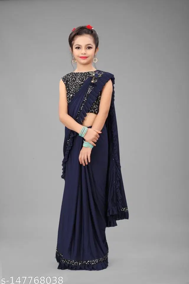 Solid Fancy Saree for Girls with Blouse (Navy Blue, 4-5 Years)