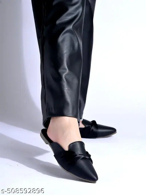Pointed Toe Solid Synthetic Mules for Women (Black, IND-7)