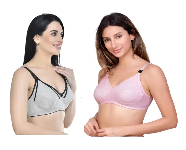 Cotton Blend Solid Non Padded Feeding Bras for Women, Pack of 2 (Multicolor, 34)