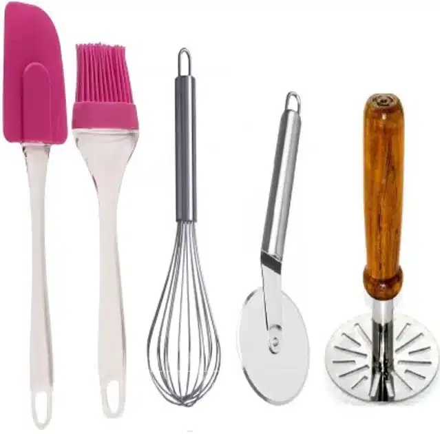 Combo of Spatula Set, Pizza Cutter with Whisker & Masher, Pack of 5, Multicolor