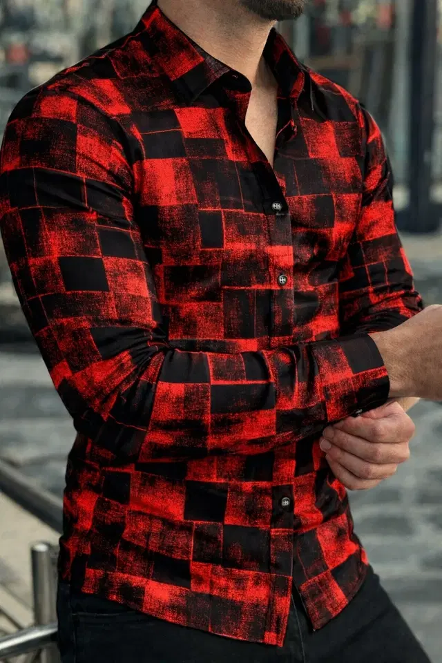 Lycra Geometric Print Shirt for Men, Red (S)