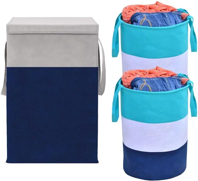 Canvas Laundry Basket,Blue & Green,  (Pack Of 3)