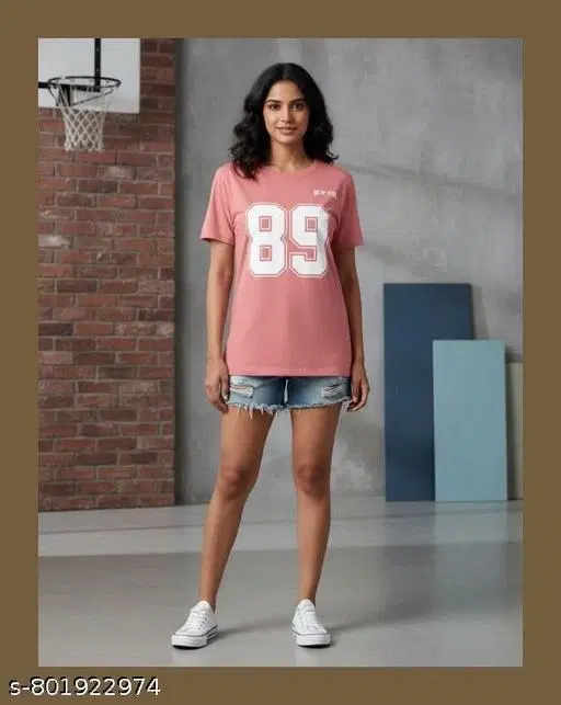 Cotton Blend Printed T-shirt for Women, Pink (XXS)
