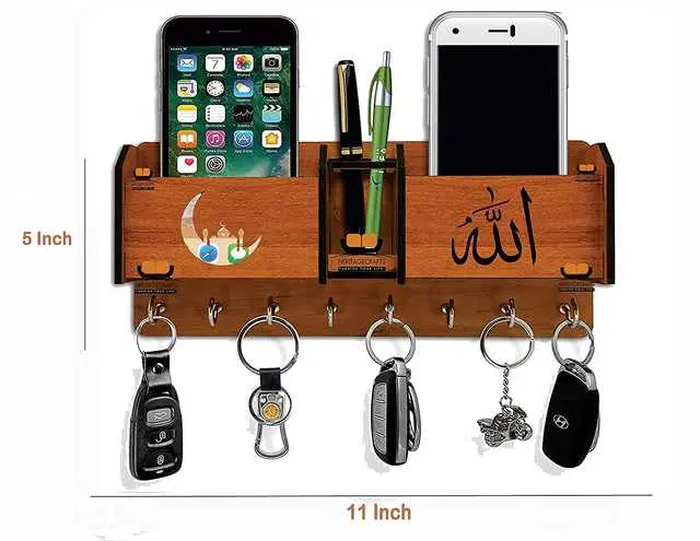 Wood 2 Pocket Mobile & Key Holder For Home Decor, Brown, NC-013
