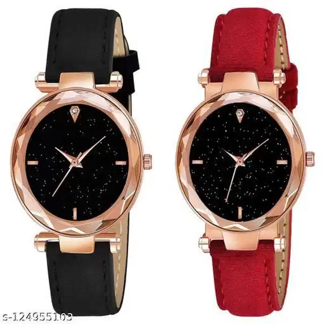 Analog Watch for Women, Pack of 2 (Red & Black)