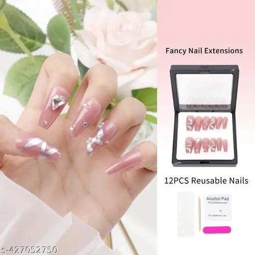 Kamz's Fake Nails Nail Extension Kit - Quick Fix Press On Nails, Aesthetic Acrylic Stick on Nails, Reusable, 12pcs Nails Set for Girls & Kids