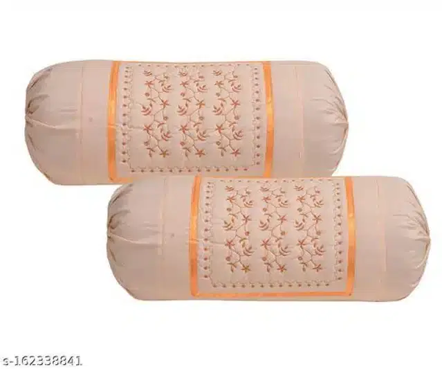 Embroidered Cotton Bolster Cover, Orange, 16x20 inches, Pack of 2