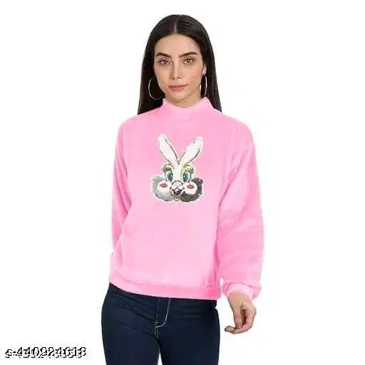 Woolen Printed Sweatshirt for Women (Pink, S)