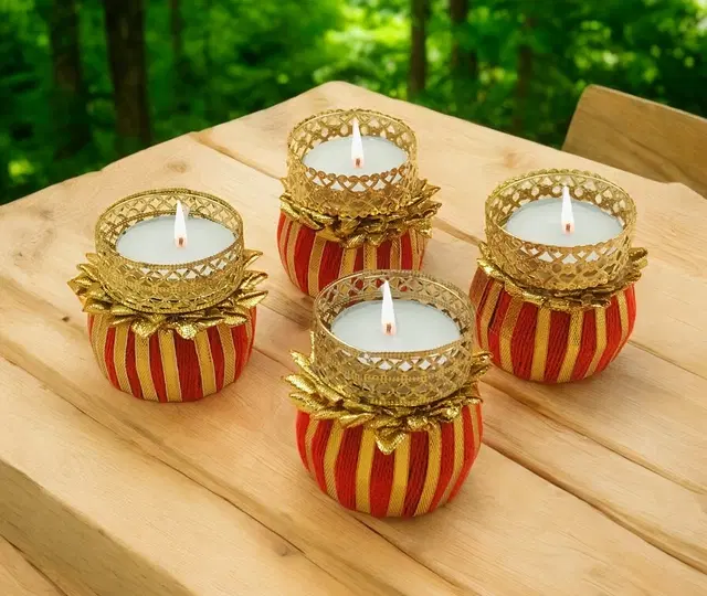 Metal Designer Tealight Candle Holder, Red, 4x4x5.5 cm, Pack of 4