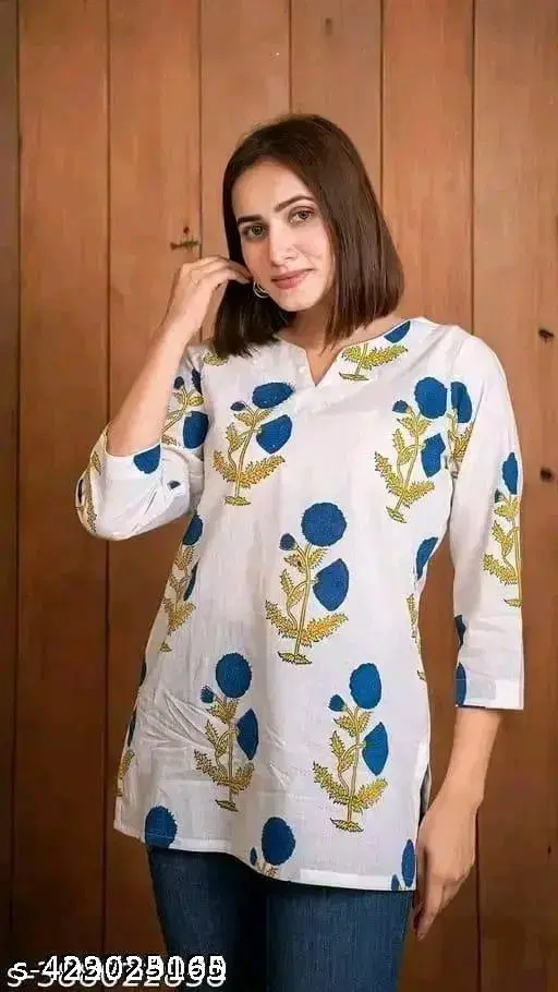 Cotton Printed Short Kurti for Women, White (XS)