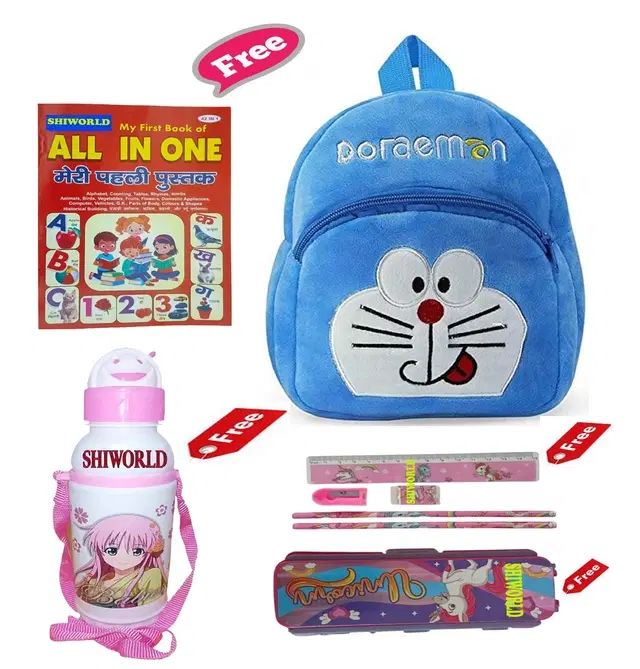Combo of Kids Cartoon Bag Backpack, All In One Book, Water Bottle & Gift Set Geometry Set, Multicolor, Set of 1