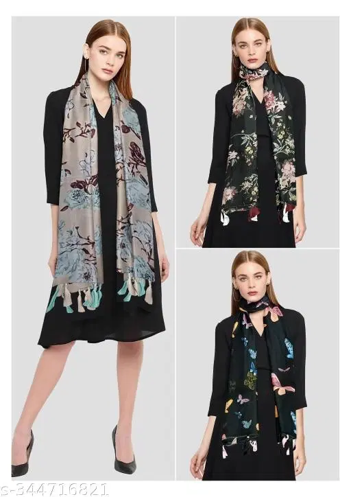 Poly Chiffon Printed Scarves for Women, Multicolor, Pack of 3