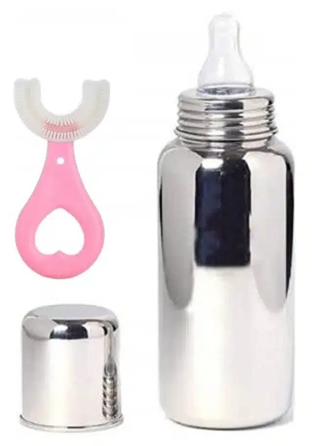 Stainless Steel Baby Milk Bottle, 240 ml with U-Shape Brush, Silver & Pink, Set of 2